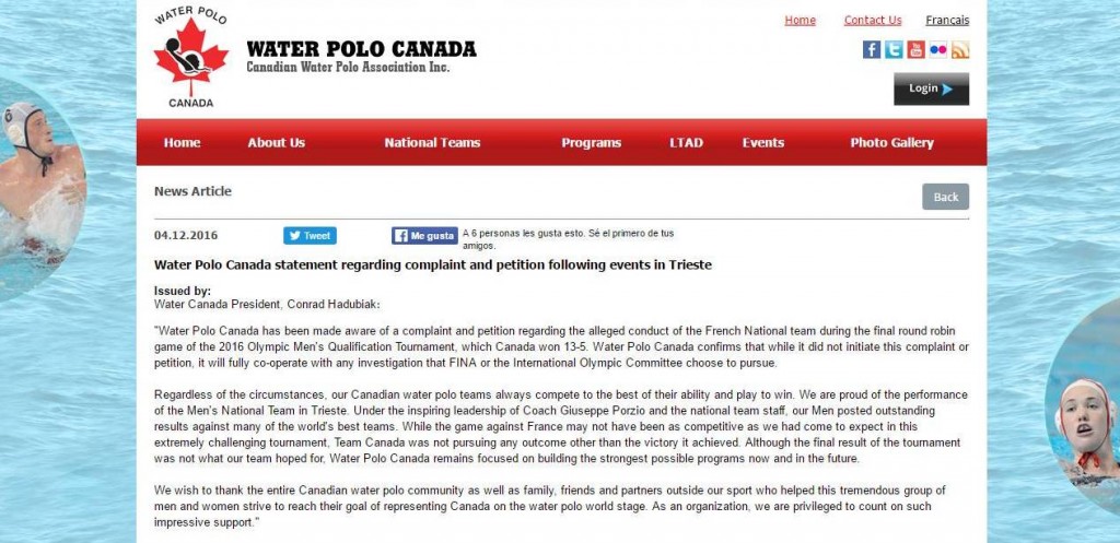 Comunicado oficial de la Federación canadiense enviado a FINA y COI / V.K.
